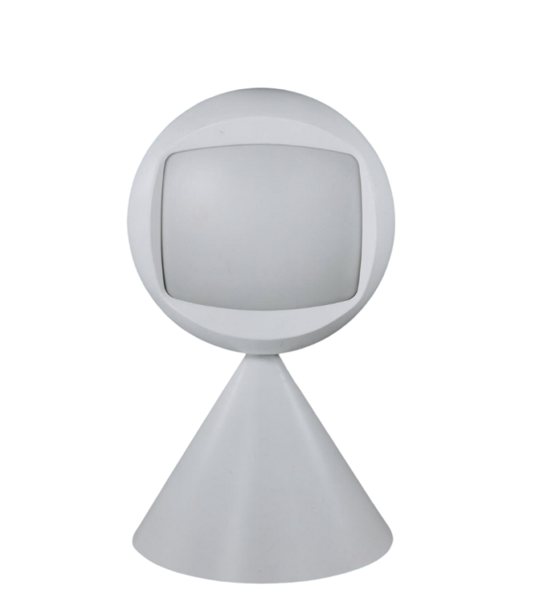 Weißes TV-Gerät in Kugelform der Firma WEGA. Die Kugel sitzt auf einer Halterung in Kegelform.